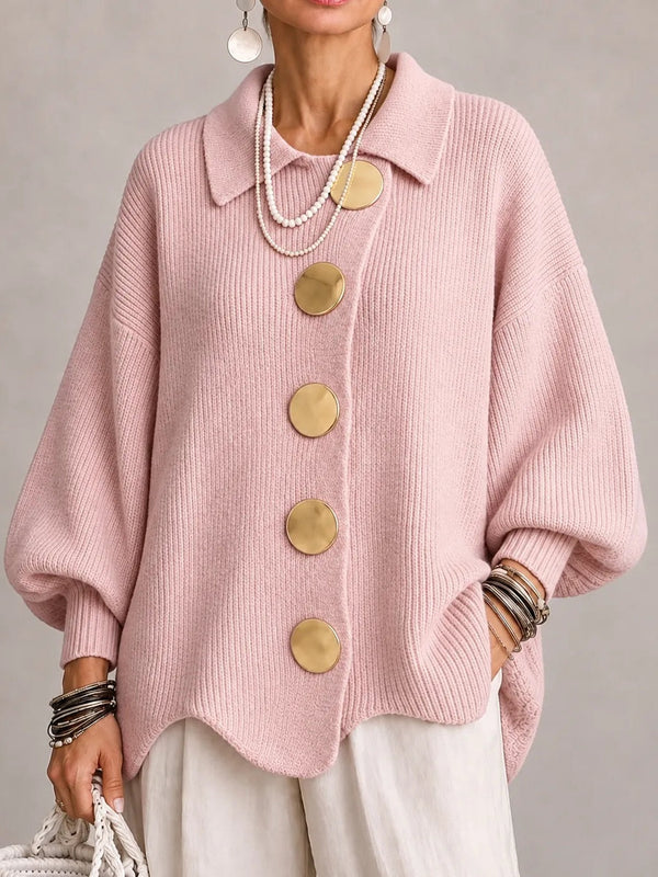 Clelia | Cárdigan Oversize Canalé con Bajo Festoneado, Rosa Empolvado