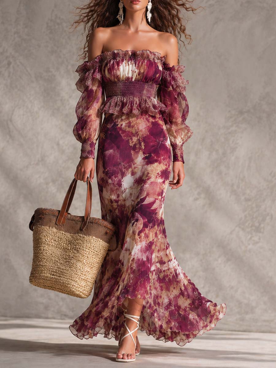 Vestido Maxi de Hombros Descubiertos en Rosa Antiguo con Motivo Floral
