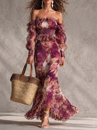 Vestido Maxi de Hombros Descubiertos en Rosa Antiguo con Motivo Floral