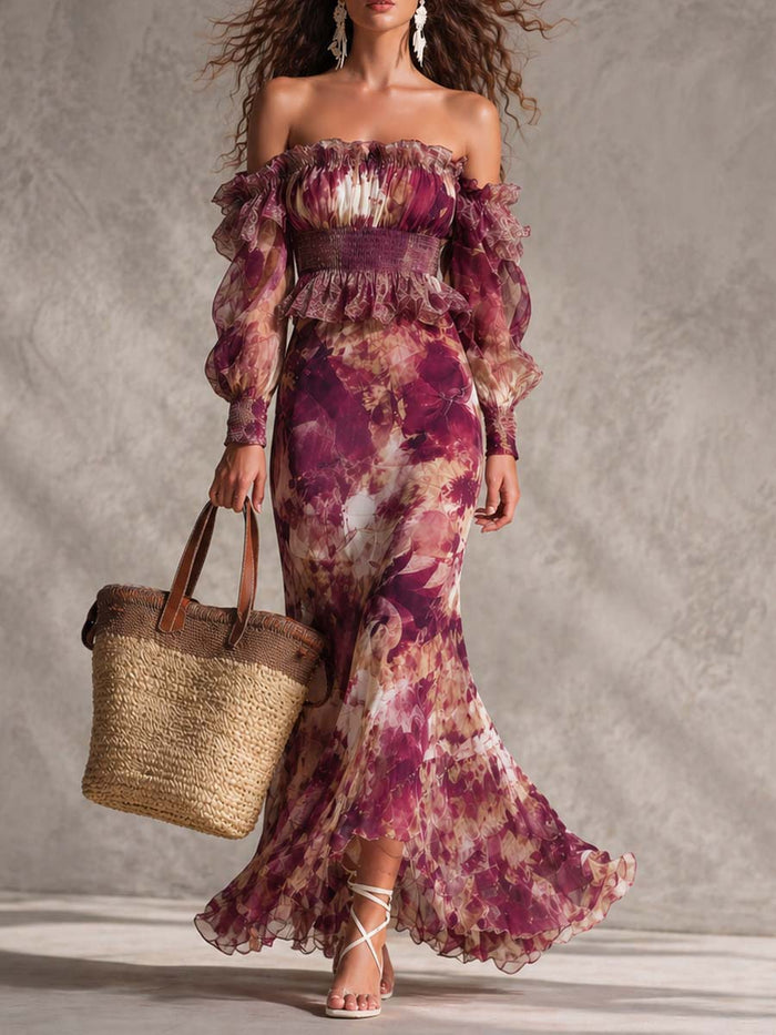 Vestido Maxi de Hombros Descubiertos en Rosa Antiguo con Motivo Floral