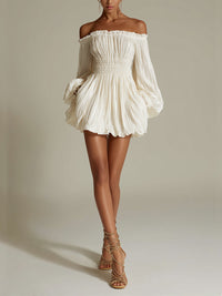 Vestido Mini Blanco de Hombros Descubiertos con Fruncido en la Cintura