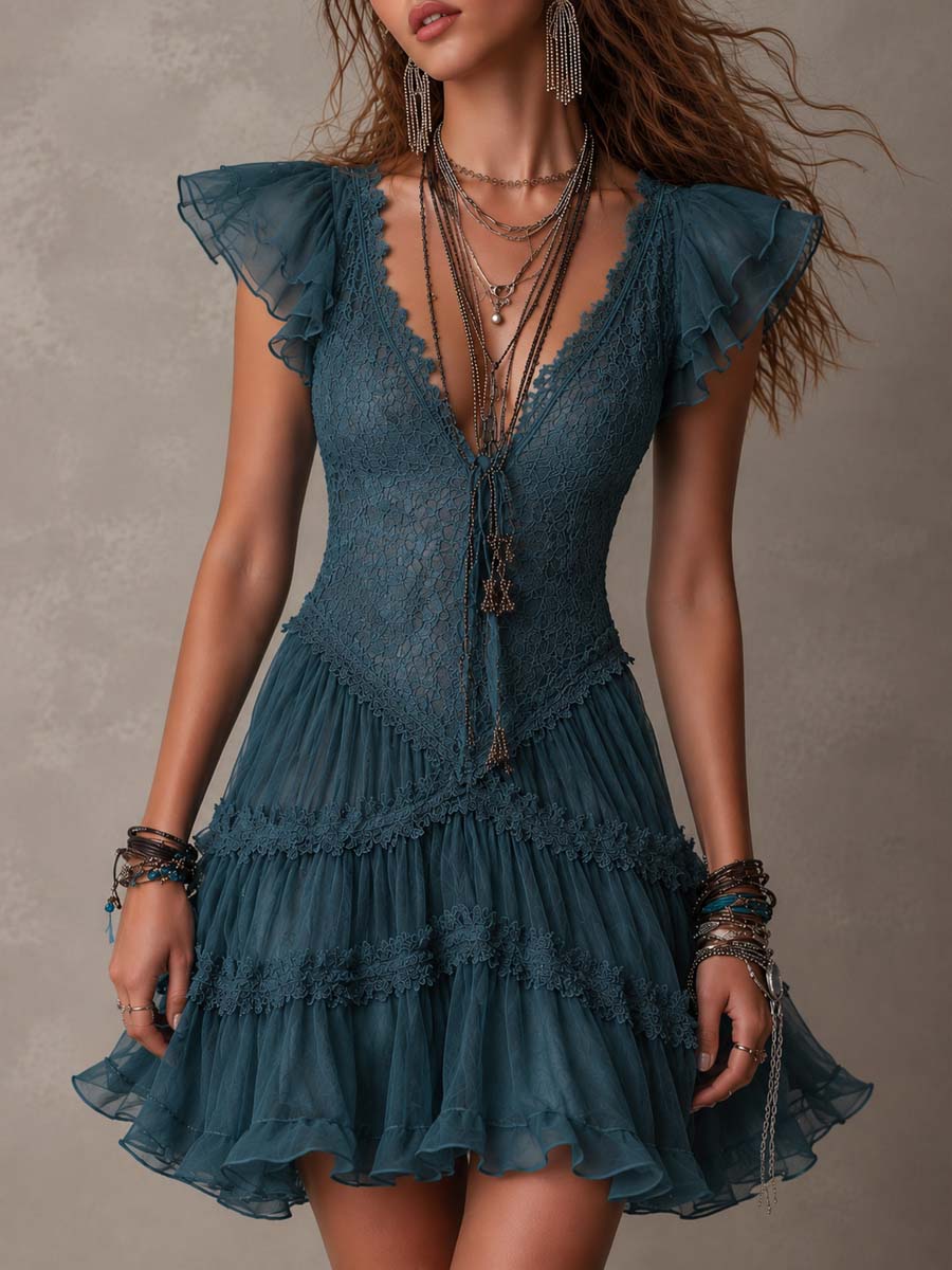 Vestido Mini de Volantes en Encaje Azul Retro y Chifón