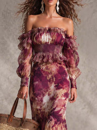 Vestido Maxi de Hombros Descubiertos en Rosa Antiguo con Motivo Floral