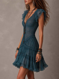Vestido Mini de Volantes en Encaje Azul Retro y Chifón