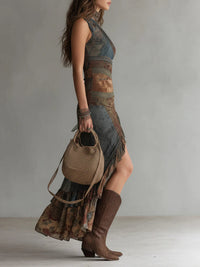 Elena | Vestido largo asimétrico con estampado étnico y abertura alta