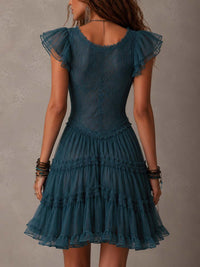 Vestido Mini de Volantes en Encaje Azul Retro y Chifón