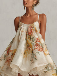 Vestido Mini Evasé en Organza Floral Beige con Ribete de Encaje