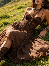 Federica | Vestido Maxi en Chifón y Encaje Marrón