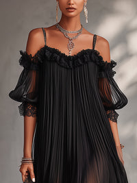Vestido Mini Negro de Hombros Descubiertos con Borde de Encaje