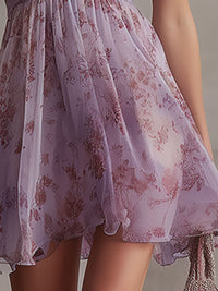 Vestido Mini en Chifón de Rayas Florales Violeta Retro