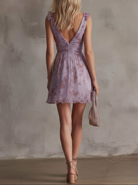 Vestido Mini en Chifón de Rayas Florales Violeta Retro