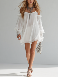 Vestido Mini Flotante de Estilo Bohemio con Hombros Descubiertos
