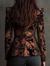 Blazer Sastre de Mujer con Estampado Floral Negro y Bronce