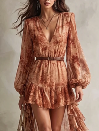 Vestido Mini de Manga Larga con Escote en V y Estampado Floral en Terracota