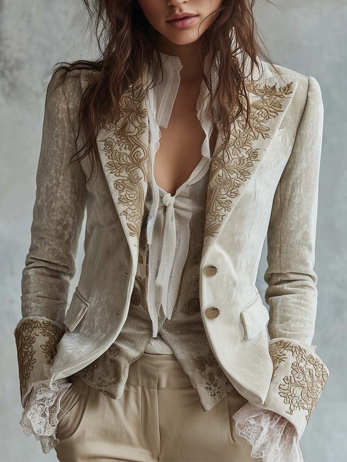 Blazer Sastre de Mujer Marfil Bordado