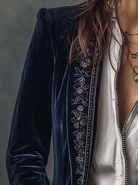 Chaqueta Larga de Mujer Vintage Azul Marino Bordada