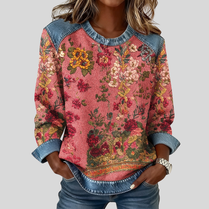 Orabelle | Jersey Estampado Floral con Detalle Vaquero