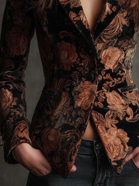 Blazer Sastre de Mujer con Estampado Floral Negro y Bronce