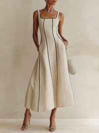 Camille | Vestido Maxi Línea A de Rayas en Lino, Ribete Negro