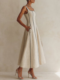 Camille | Vestido Maxi Línea A de Rayas en Lino, Ribete Negro