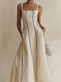 Camille | Vestido Maxi Línea A de Rayas en Lino, Ribete Negro
