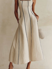 Camille | Vestido Maxi Línea A de Rayas en Lino, Ribete Negro
