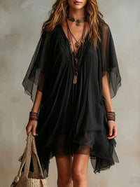 Vestido Mini Fluido por Capas con Escote en V Verde