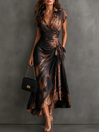 Rosalia | Vestido midi cruzado con estampado abstracto, escote en V, manga corta, cinturón y bajo asimétrico con volante