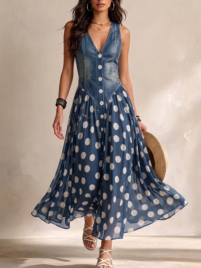 Adelina | Vestido largo efecto denim de lunares