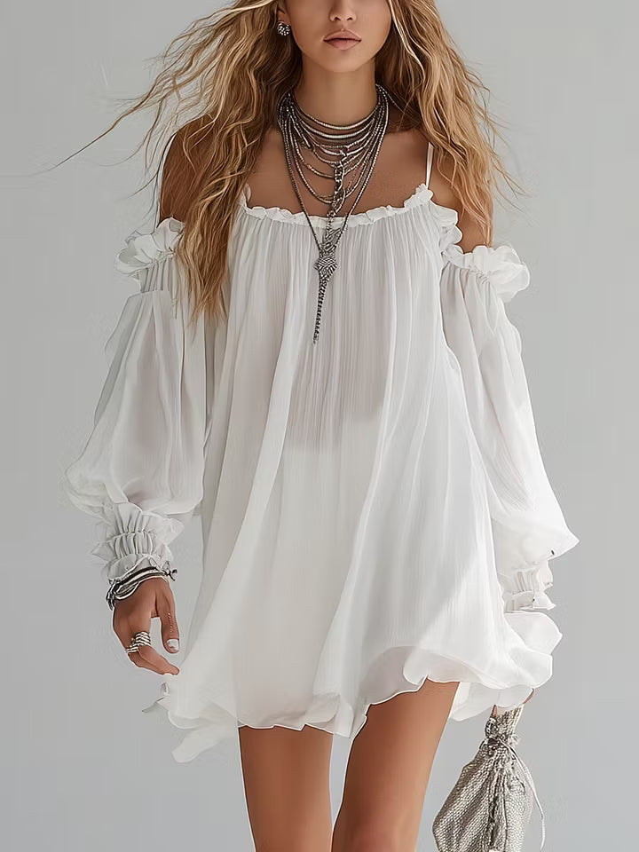 Vestido Mini Flotante de Estilo Bohemio con Hombros Descubiertos