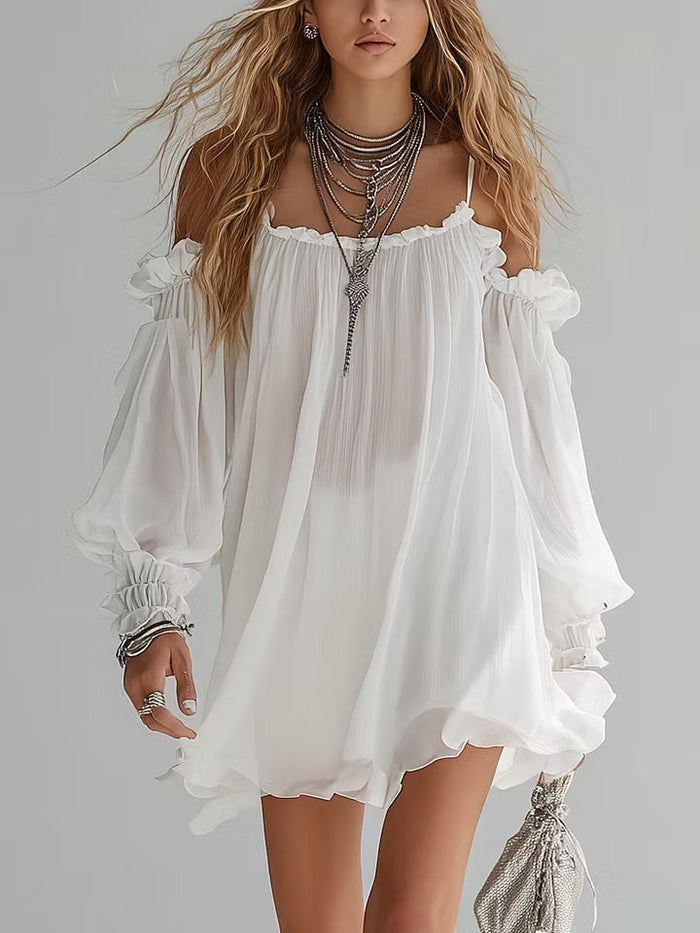 Vestido Mini Flotante de Estilo Bohemio con Hombros Descubiertos