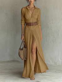 Valeria | Vestido maxi con cuello solapa y manga larga