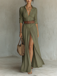 Valeria | Vestido maxi con cuello solapa y manga larga