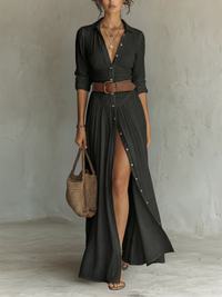 Valeria | Vestido maxi con cuello solapa y manga larga