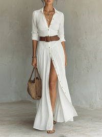 Valeria | Vestido maxi con cuello solapa y manga larga