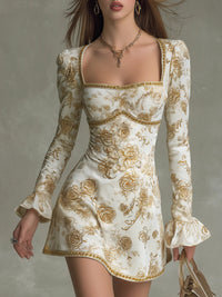 Vestido Mini de Terciopelo con Estampado de Rosas Estilo Vintage Elegante