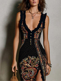 Abito Stampato in Stile Bohemien con Profondo Scollo a V e Alto Spacco