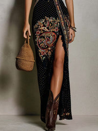 Abito Stampato in Stile Bohemien con Profondo Scollo a V e Alto Spacco