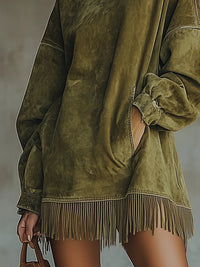 Gabriella | Vestido de efecto ante con cuello alto y flecos