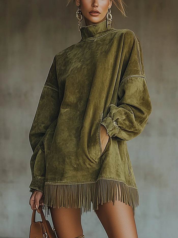 Gabriella | Vestido de efecto ante con cuello alto y flecos
