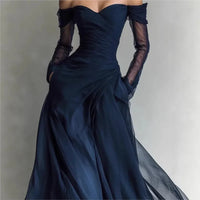 Eleonora | Vestido largo con hombros descubiertos e inserciones de malla