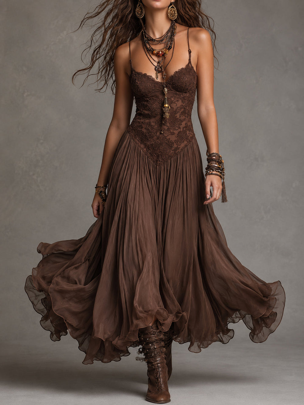 Federica | Vestido Maxi en Chifón y Encaje Marrón