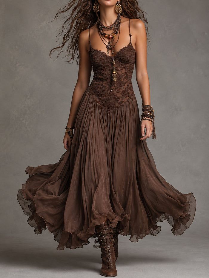 Federica | Vestido Maxi en Chifón y Encaje Marrón