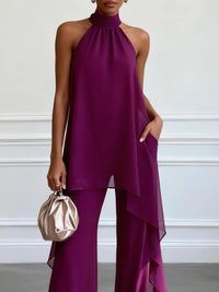 Conjunto de dos piezas: top violeta elegante sin mangas y pantalón