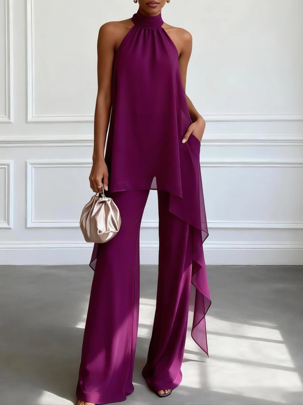 Conjunto de dos piezas: top violeta elegante sin mangas y pantalón
