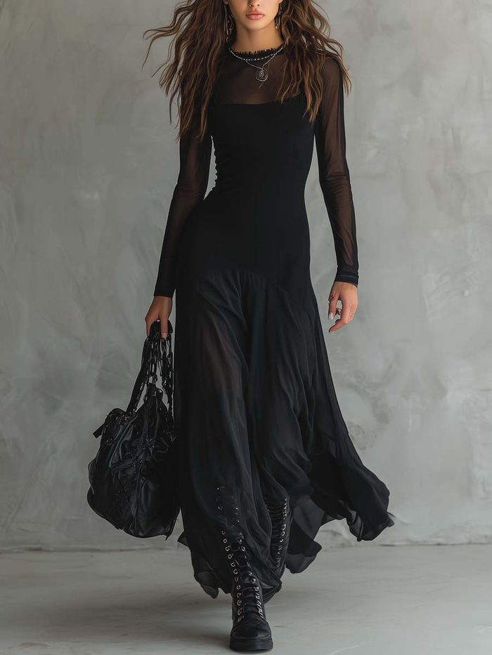 Noemi | Vestido maxi de vuelo en tul negro