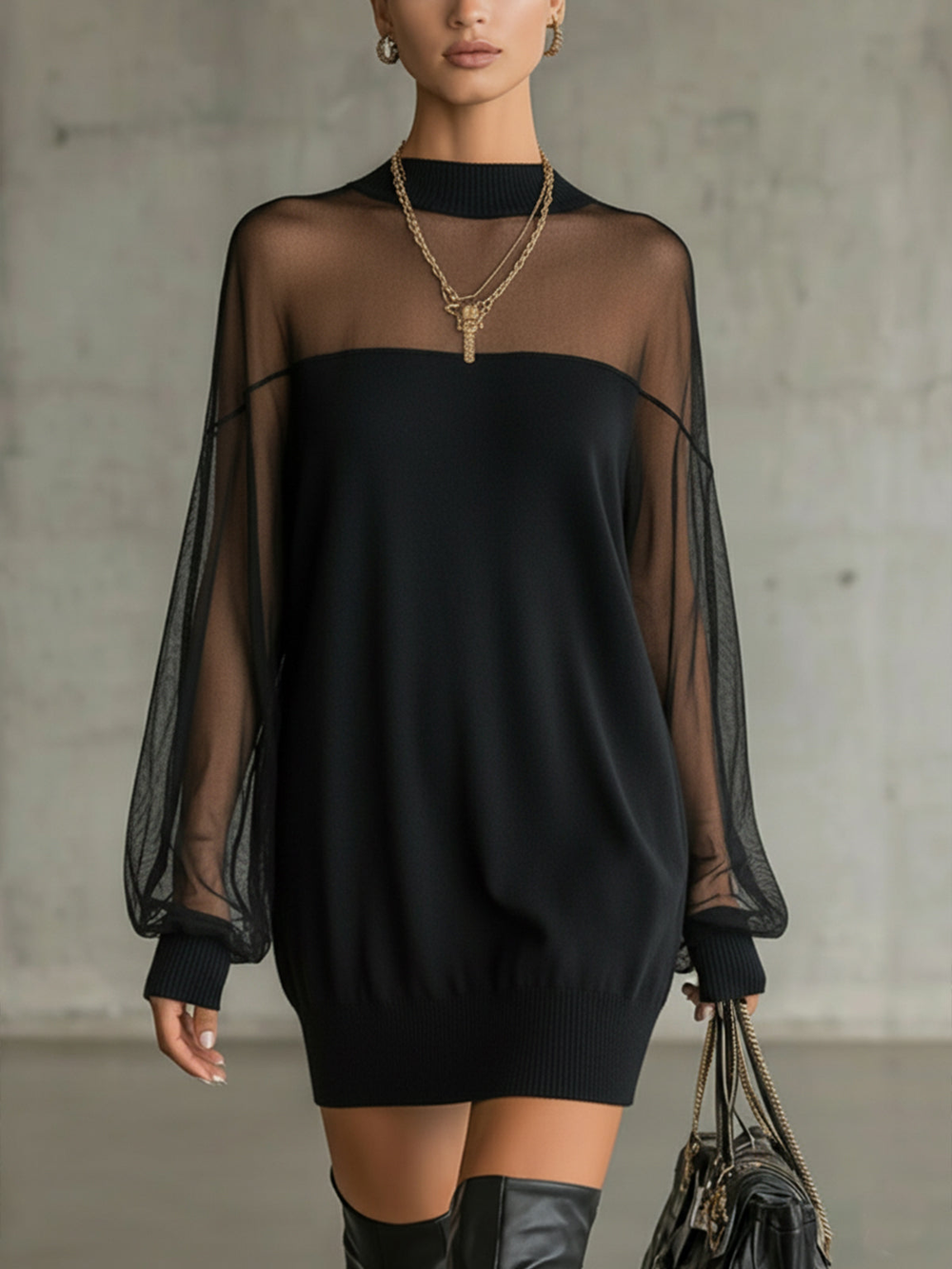 Vestido Mini Negro con Mangas de Malla Transparente y Cuello Alto