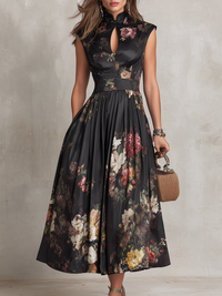 Abito Midi in Satin Pieghettato con Collo a Chiave Nera