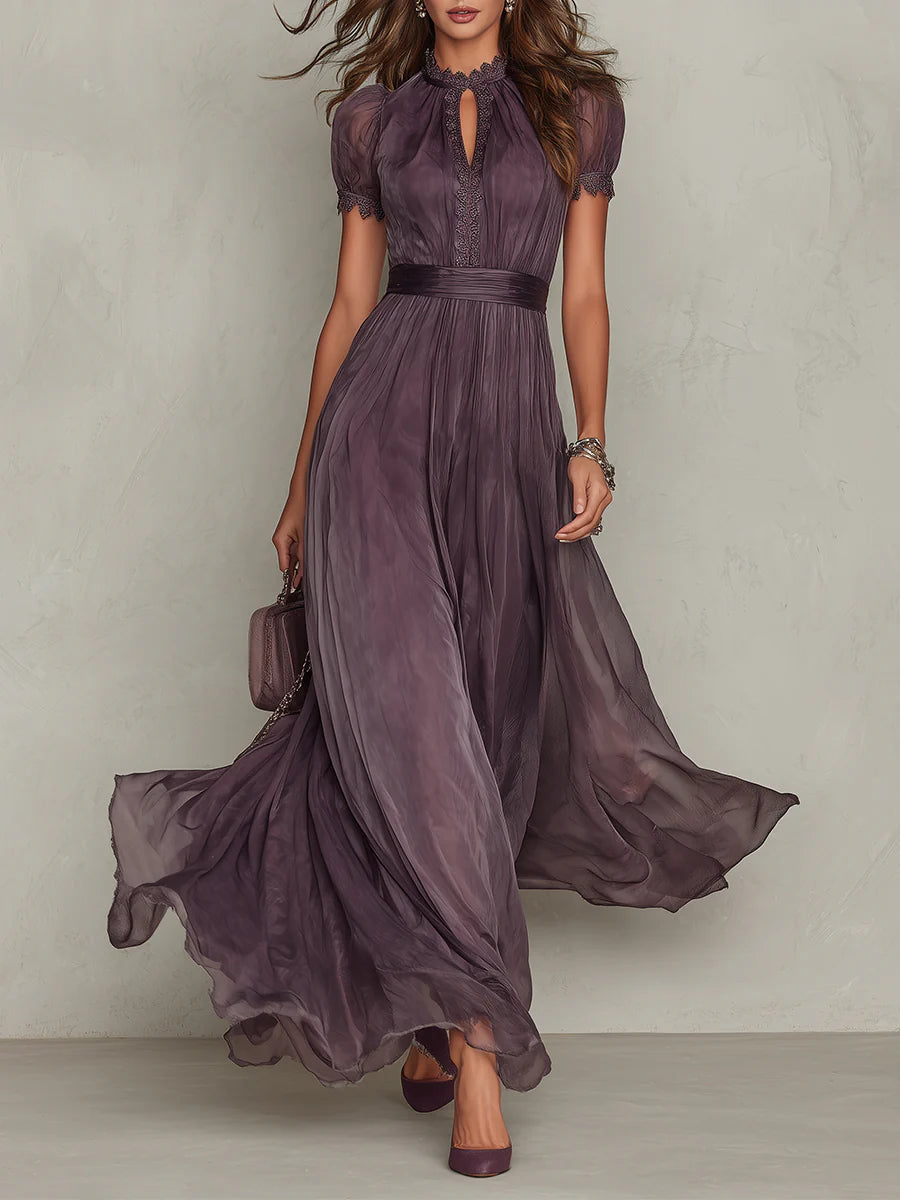 Zoe | Vestido maxi morado de gasa con escote de lágrima