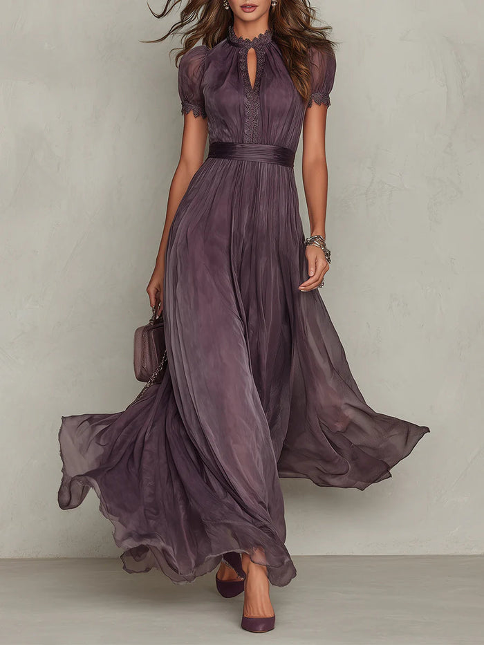 Zoe | Vestido maxi morado de gasa con escote de lágrima